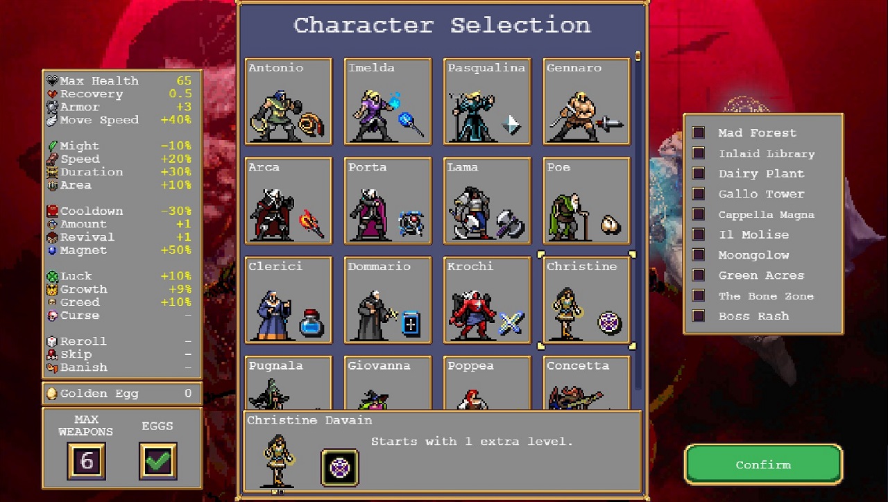 vampire survivors character tier list character select screen