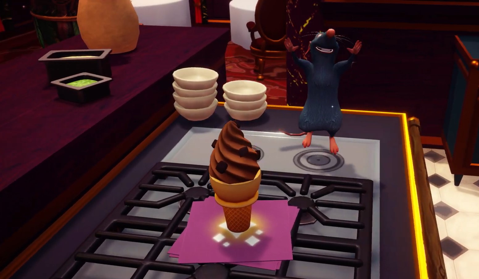 Chocolate ice cream Disney Dreamlight Valley remy dancing at ice cream
