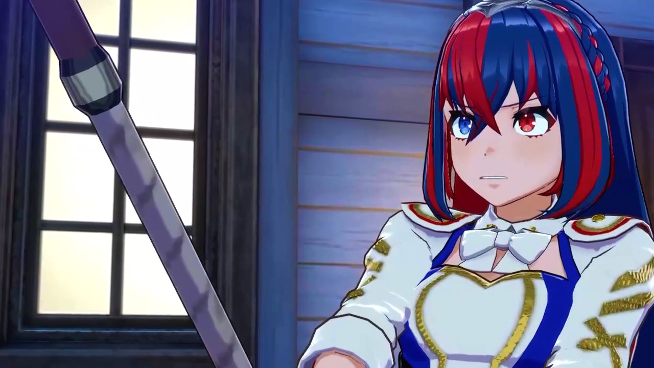 fire emblem engage fishing rods main character blue and red hair with fishing rod determined face
