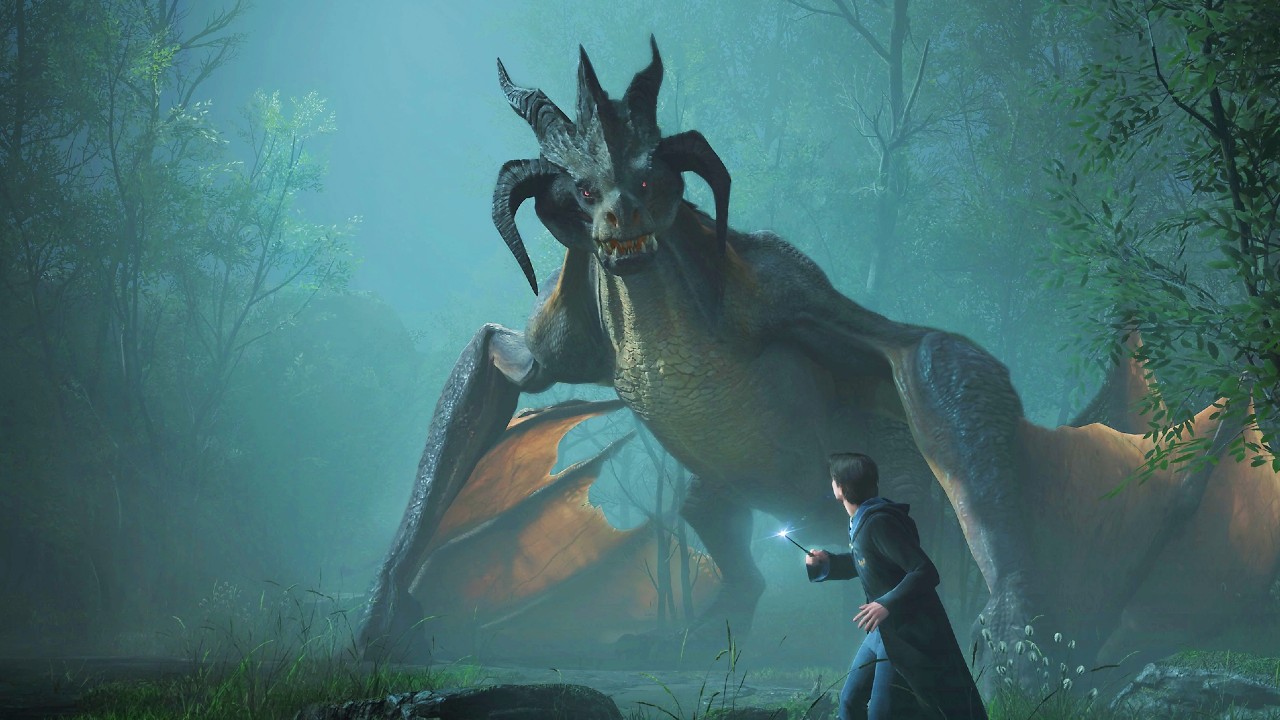 hogwarts legacy size a student wizard fighting a dragon