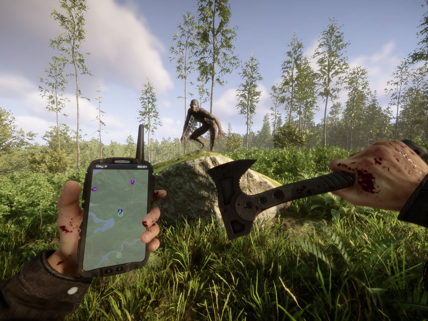 GPS locator Sons of the Forest explained - how to use player holding phone and melee weapon