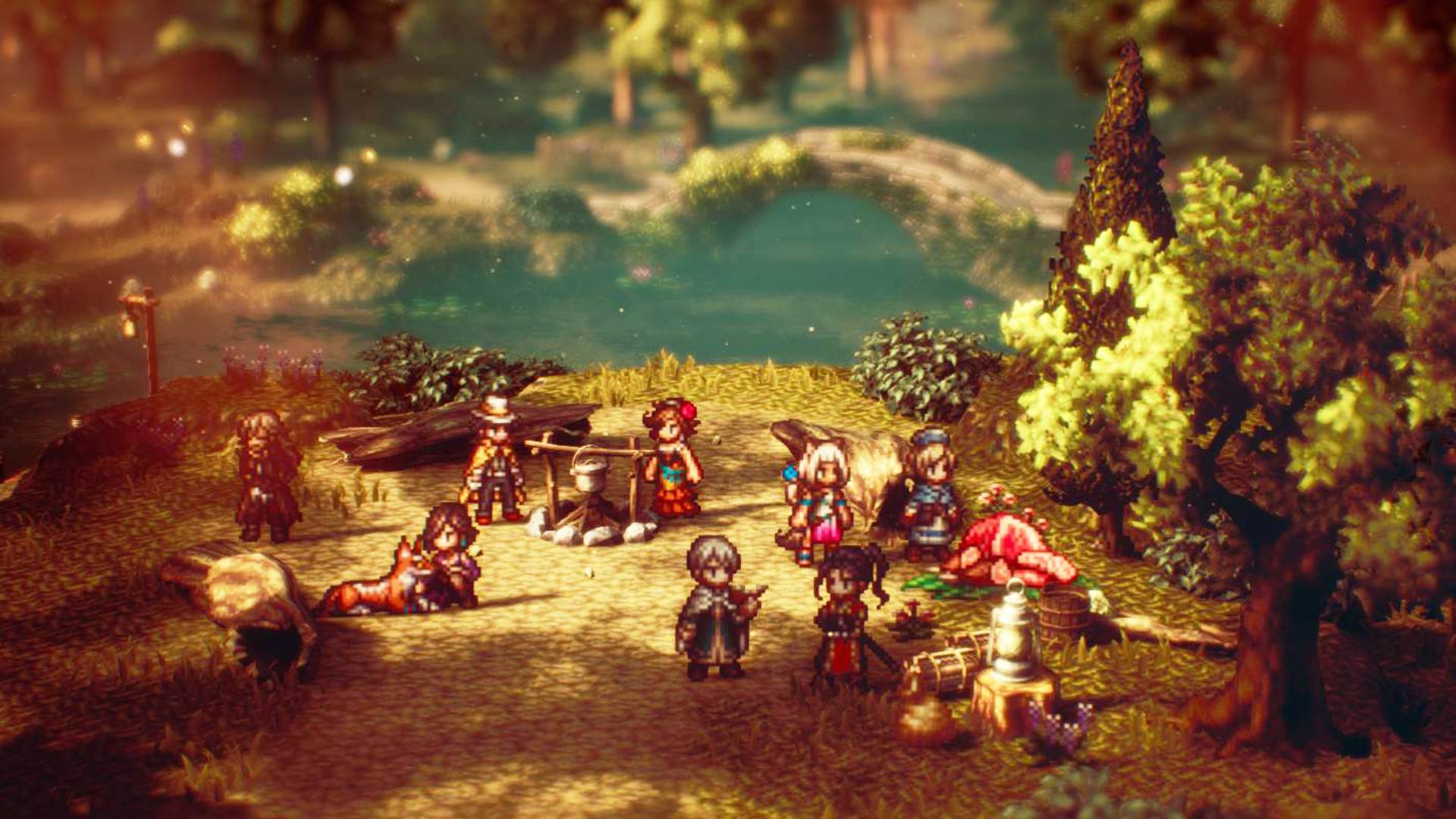 Is Octopath Traveler 2 better than 1 - characters resting beside lake