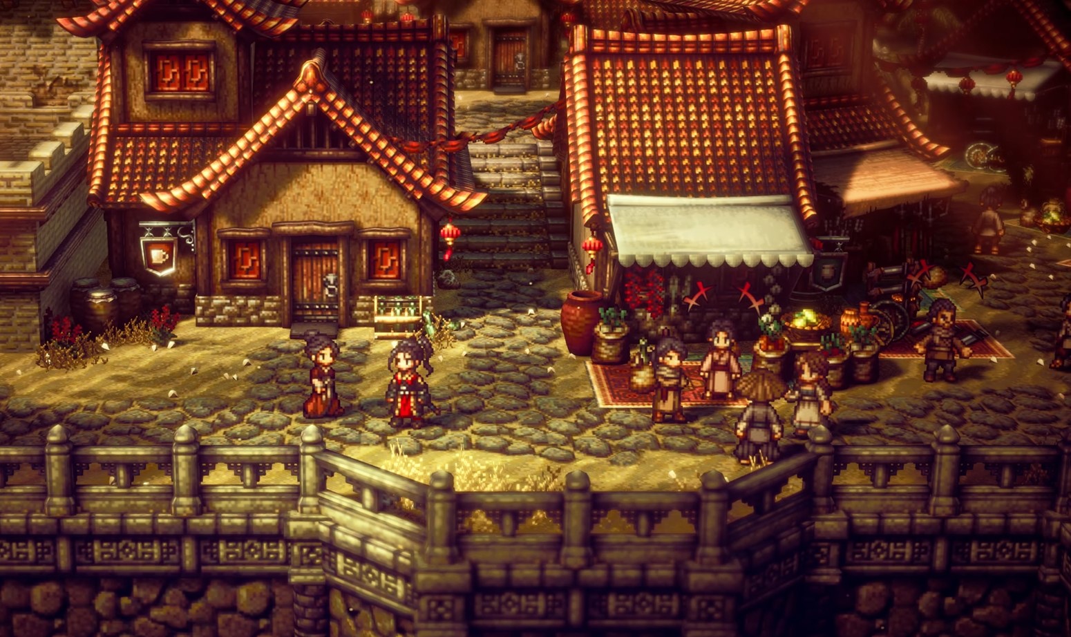 Octopath Traveler 2 for whom the clock tower tolls - how to beat - characters huddled in marketplace
