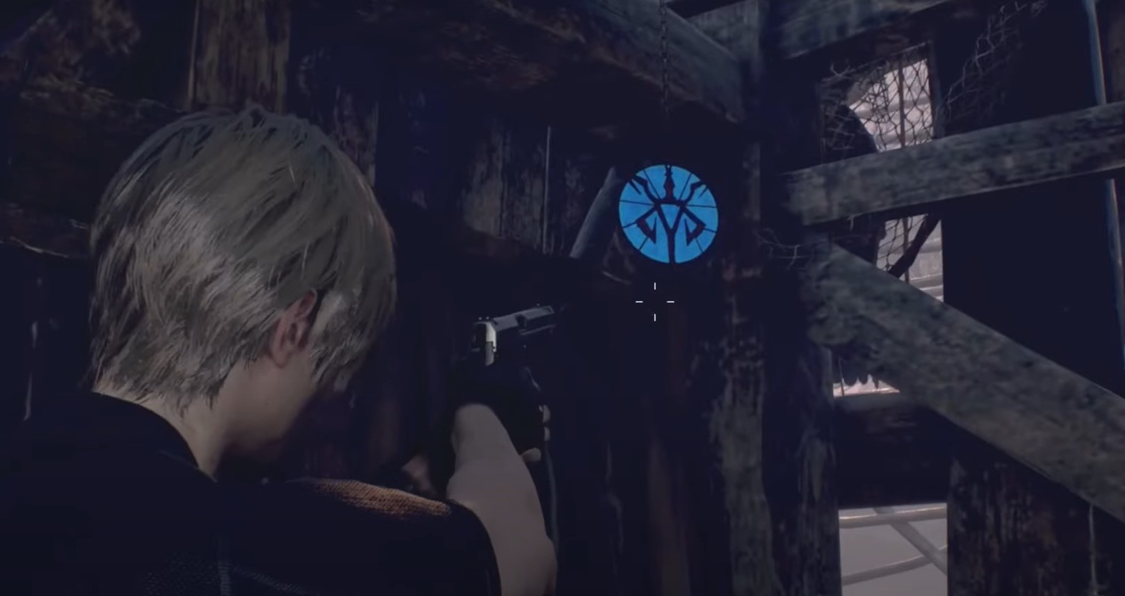 Resident Evil 4 Remake requests - where to find blue notices - player shooting at a blue object