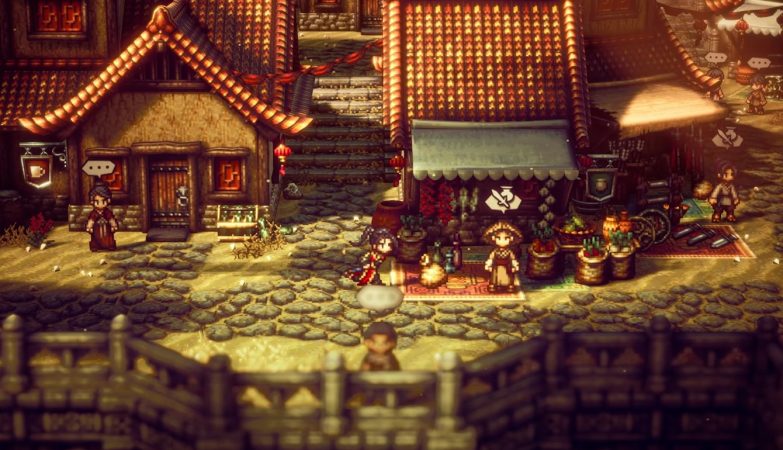 The fish filcher Octopath Traveler 2 - character running to the weapons store