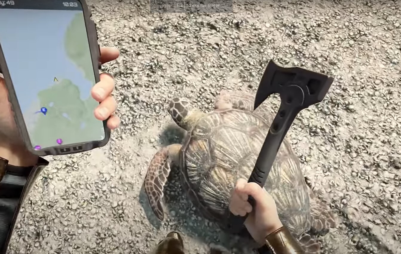 Turtle shell Sons of the Forest - player holding phone and axe in front of turtle