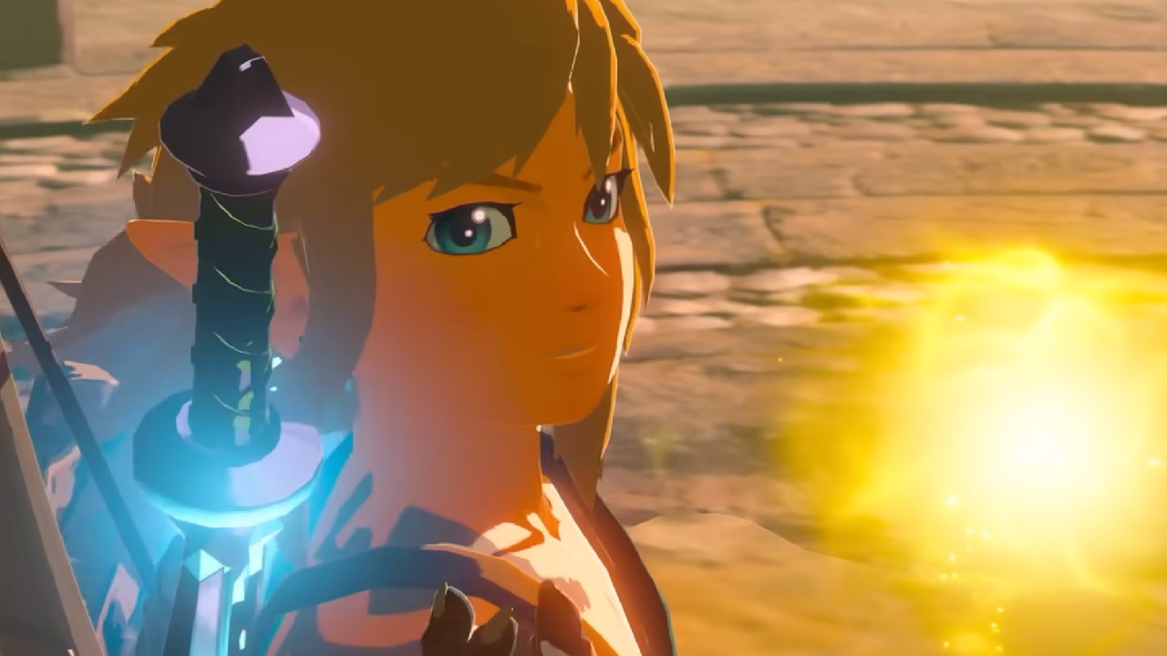 new zelda tears of the kingdom trailer Link with a glowing weapon