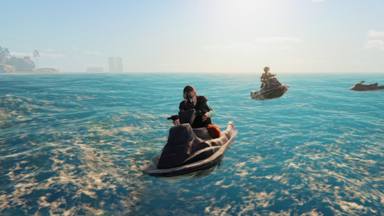 waterworld-like survival game sunkenland two players on jet skis with guns fighting