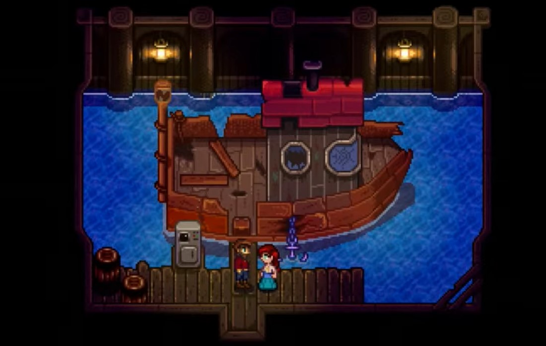 How to repair the boat in Stardew Valley - player repairing boat