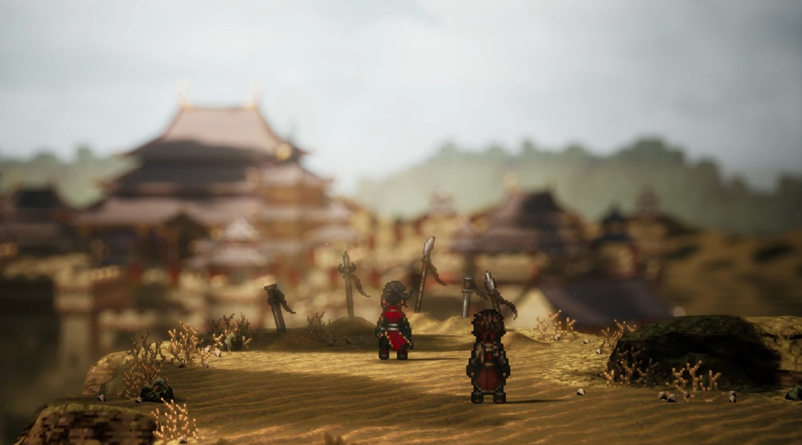 Octopath Traveler 2 post game - what to do after beating the JRPG - two characters standing on a cliff
