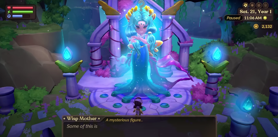 Fae Farm wings guide — How to get them Character talking to a giant entity