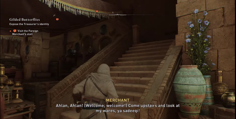 Assassin's Creed Mirage Treasurer assassination guide Character climbing up the stairs