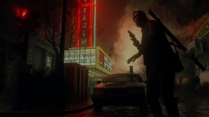 Alan Wake 2 game over screen - Alan Wake exploring the city at night.