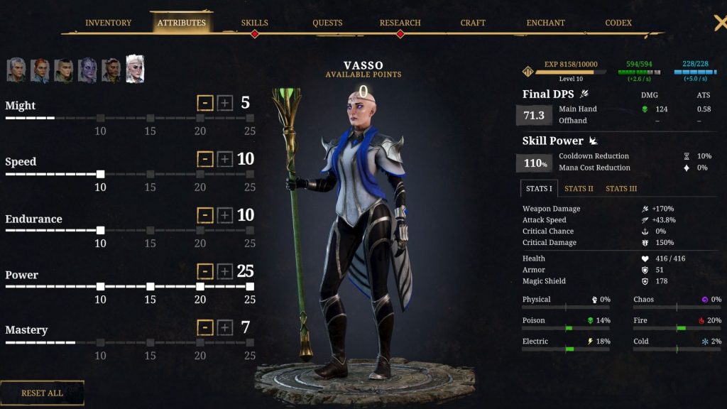 Best Adept build in Dark Envoy - Vasso attribute point distribution.