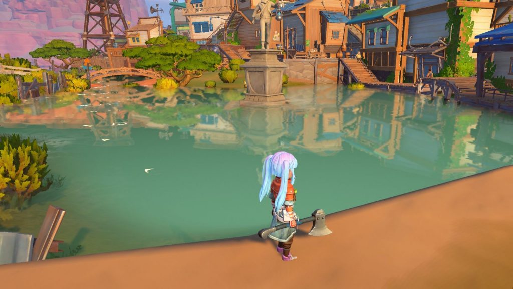 My Time at Sandrock review - standing next to the town's only pond.