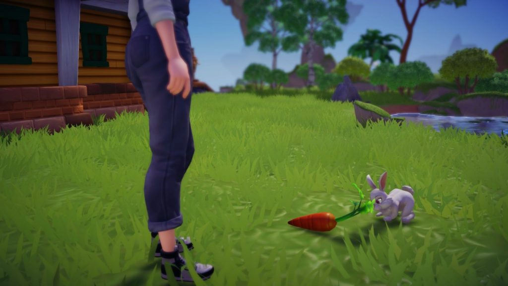 Disney Dreamlight Valley Rabbit - feeding a rabbit with a cacrrot.