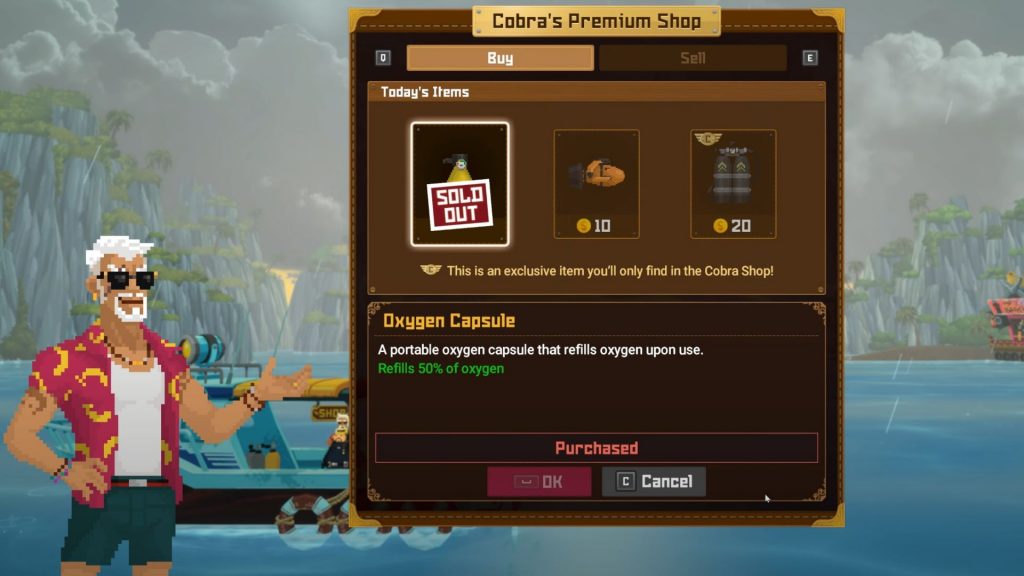 Dave the Diver Cobra shop - accessing Cobra's stock to buy and sell items.